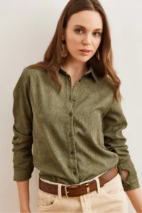 Olalook Women's Light Khaki Slim Corduroy Shirt - Image 5