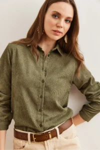 Olalook Women's Light Khaki Slim Corduroy Shirt - Image 6