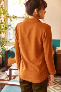Olalook Women Tan Thin Ribbed Velvet Shirt - Image 2