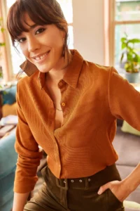 Olalook Women Tan Thin Ribbed Velvet Shirt - Image 3