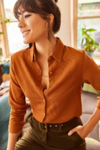 Olalook Women Tan Thin Ribbed Velvet Shirt - Image 4