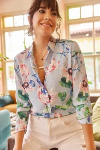 Olalook Women Blue Pink Floral Shirt