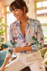 Olalook Women Blue Pink Floral Shirt - Image 3