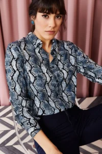 Olalook Women's Navy Blue Snake Patterned Viscose Shirt - Image 3