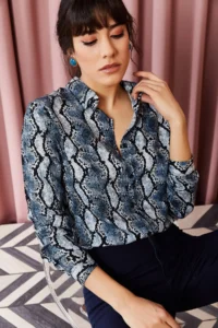 Olalook Women's Navy Blue Snake Patterned Viscose Shirt - Image 4