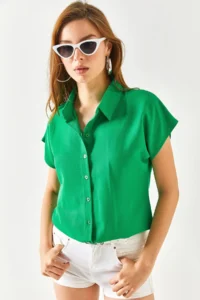 Olalook Women's Grass Green Bat Viscose Shirt