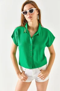 Olalook Women's Grass Green Bat Viscose Shirt - Image 2