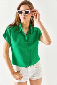 Olalook Women's Grass Green Bat Viscose Shirt - Image 3