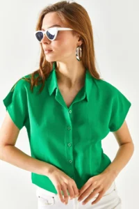 Olalook Women's Grass Green Bat Viscose Shirt - Image 4