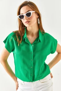 Olalook Women's Grass Green Bat Viscose Shirt - Image 5