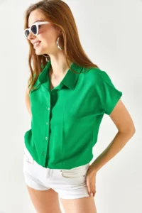 Olalook Women's Grass Green Bat Viscose Shirt - Image 7
