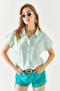 Olalook Women Water Green Yarasa Viscose Shirt - Image 3