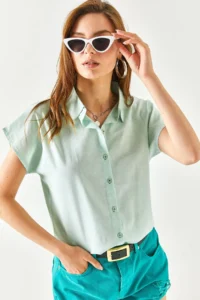Olalook Women Water Green Yarasa Viscose Shirt - Image 5