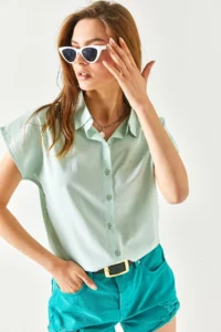 Olalook Women Water Green Yarasa Viscose Shirt - Image 7