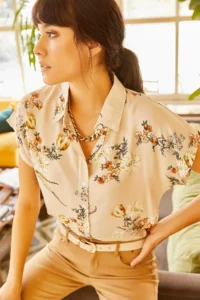 Olalook Women's Beige Floral Bat Viscose Shirt