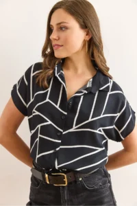 Olalook Women's Asymmetrical Black Bat Viscose Shirt - Image 2