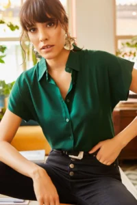 Olalook Women's Emerald Green Bat Viscose Shirt