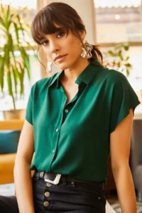 Olalook Women's Emerald Green Bat Viscose Shirt - Image 3