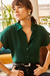 Olalook Women's Emerald Green Bat Viscose Shirt - Image 4