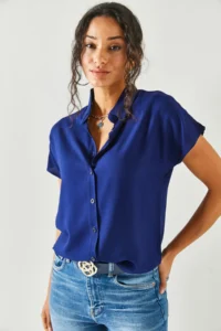 Olalook Women Navy Blue Yarasa Viscose Shirt - Image 2