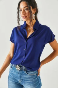 Olalook Women Navy Blue Yarasa Viscose Shirt - Image 3