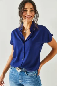 Olalook Women Navy Blue Yarasa Viscose Shirt - Image 4