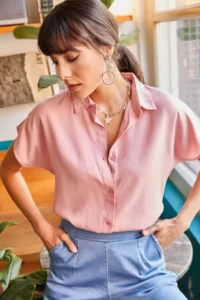 Olalook Women Powder Pink Yarasa Viscose Shirt - Image 6