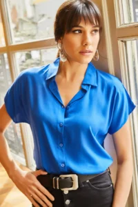 Olalook Women Saks Blue Blue Blue Yarasa Viscose Shirt - Image 3