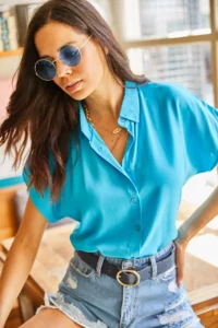 Olalook Women Sky Blue Bat Viscose Shirt - Image 5