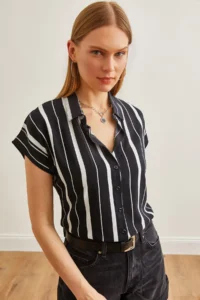 Olalook Women's Thick Striped Black Bat Viscose Shirt