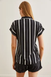Olalook Women's Thick Striped Black Bat Viscose Shirt - Image 2