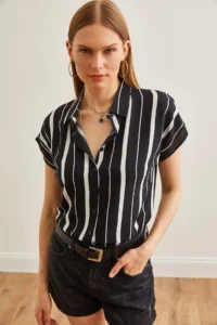 Olalook Women's Thick Striped Black Bat Viscose Shirt - Image 3