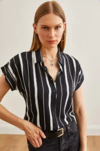 Olalook Women's Thick Striped Black Bat Viscose Shirt - Image 4