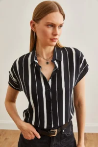 Olalook Women's Thick Striped Black Bat Viscose Shirt - Image 5