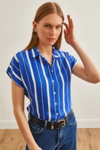 Olalook Women's Thick Striped Saks Blue Bat Viscose Shirt