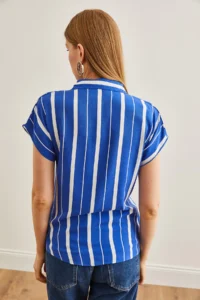 Olalook Women's Thick Striped Saks Blue Bat Viscose Shirt - Image 2