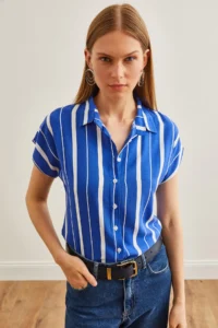 Olalook Women's Thick Striped Saks Blue Bat Viscose Shirt - Image 3