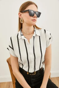 Olalook Women's White Striped Bat Viscose Shirt - Image 2