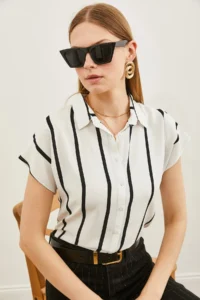 Olalook Women's White Striped Bat Viscose Shirt - Image 4