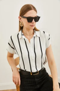 Olalook Women's White Striped Bat Viscose Shirt - Image 5