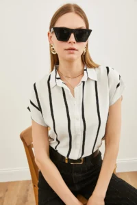 Olalook Women's White Striped Bat Viscose Shirt - Image 6