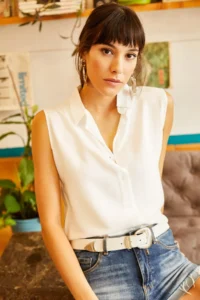 Olalook Women Ecru Sleeveless Viscose Shirt