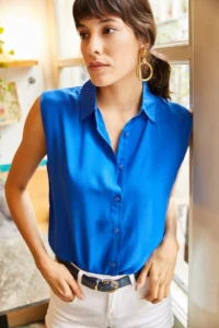 Olalook Women Saks Blue Blue Blue Sleeveless Viscose Shirt - Image 3