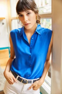 Olalook Women Saks Blue Blue Blue Sleeveless Viscose Shirt - Image 4