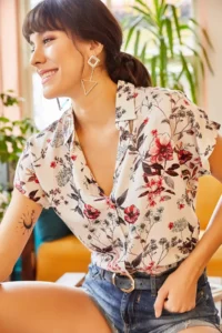 Olalook Women's Ecru Mixed Floral Bat Viscose Shirt