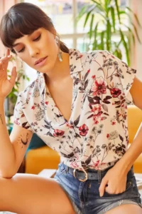 Olalook Women's Ecru Mixed Floral Bat Viscose Shirt - Image 4