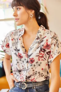 Olalook Women's Ecru Mixed Floral Bat Viscose Shirt - Image 5