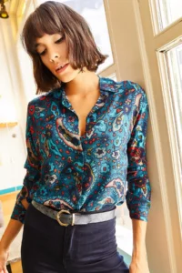 Olalook Women Blue Shawl Patterned Shirt - Image 3