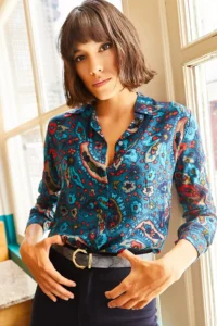 Olalook Women Blue Shawl Patterned Shirt - Image 4