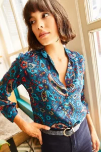 Olalook Women Blue Shawl Patterned Shirt - Image 5